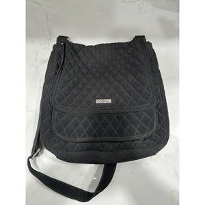 Vera‎ Bradley Iconic Quilted Messenger Bag Black With Go Wild Pattern Lining